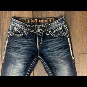 Rock Revival denim jeans inseam is 33 inches long